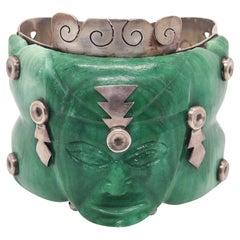 MÉXICO 1940 Taxco Pulsera de bisagra artesanal de plata de ley 925 y jade tallado