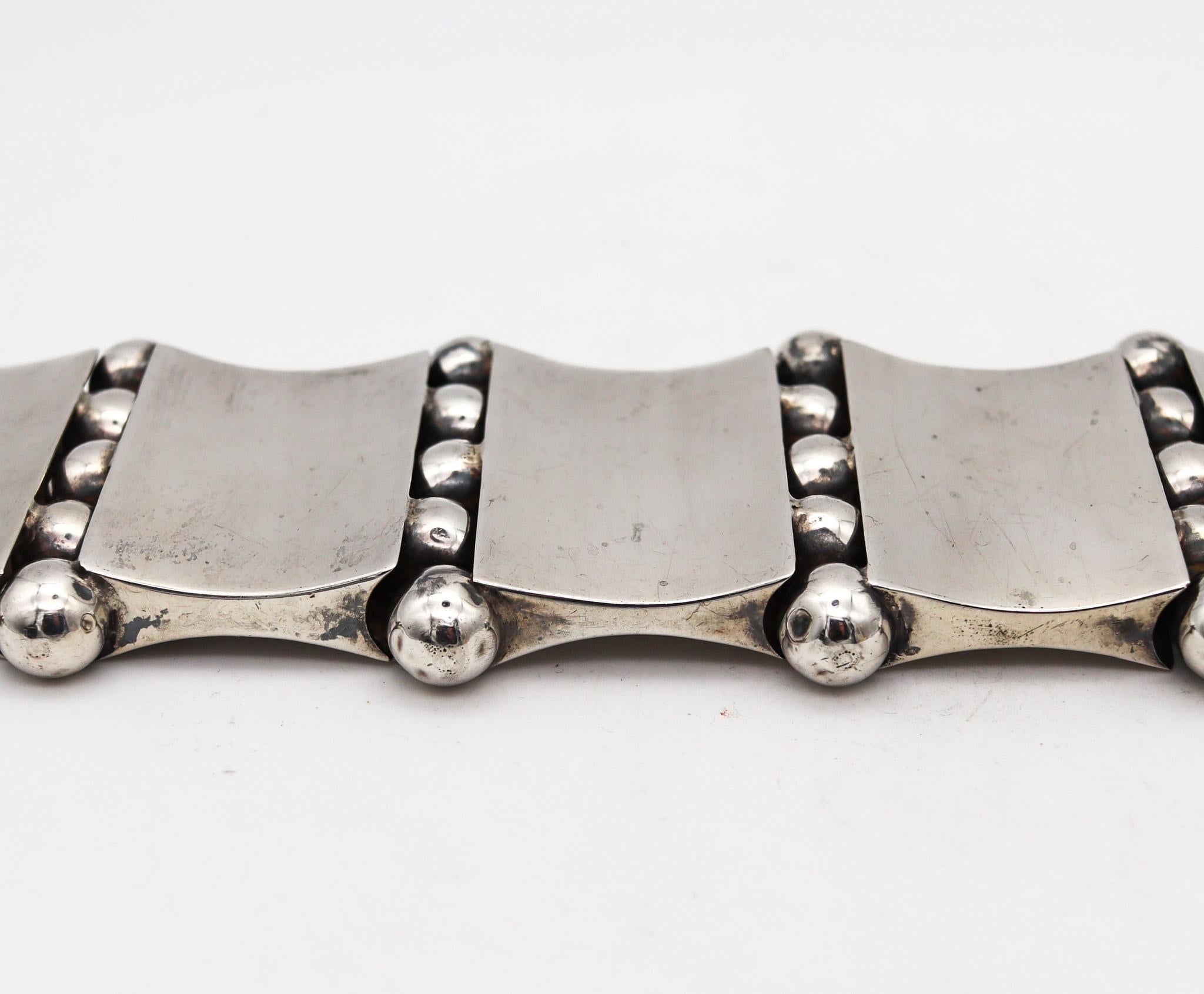 Women's or Men's Mexico 1950 Taxco Geometric Statement Bracelet In .925 Sterling Silver For Sale