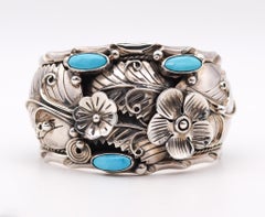 Mexico 1950 Taxco Statement Cuff Bracelet In 925 Sterling Silver With Turquoises