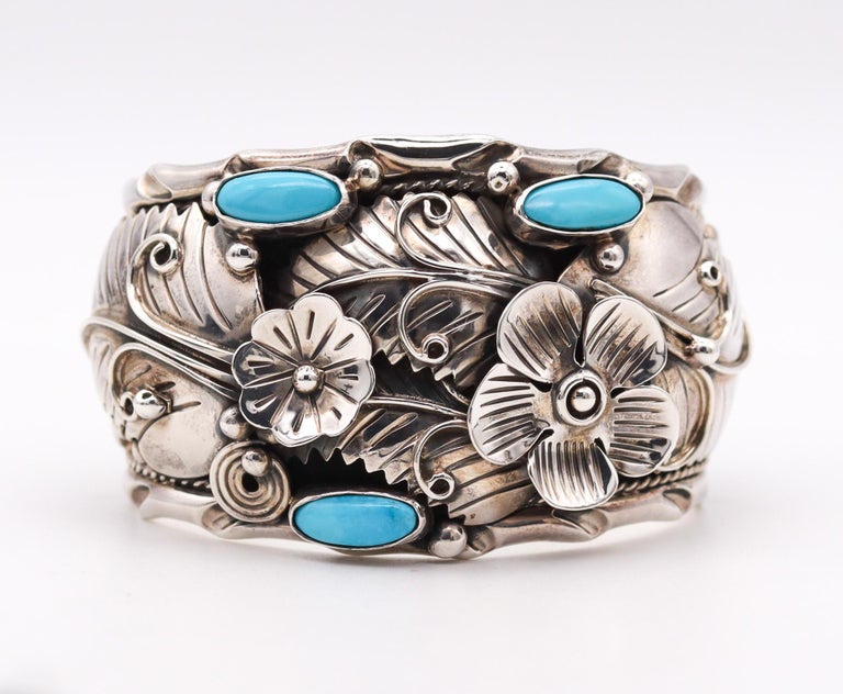 Bracelet Large En Argent Sterling 925 Et Turquoise - Fait Main à Taxco, Mexique - Vintage Marque TMB