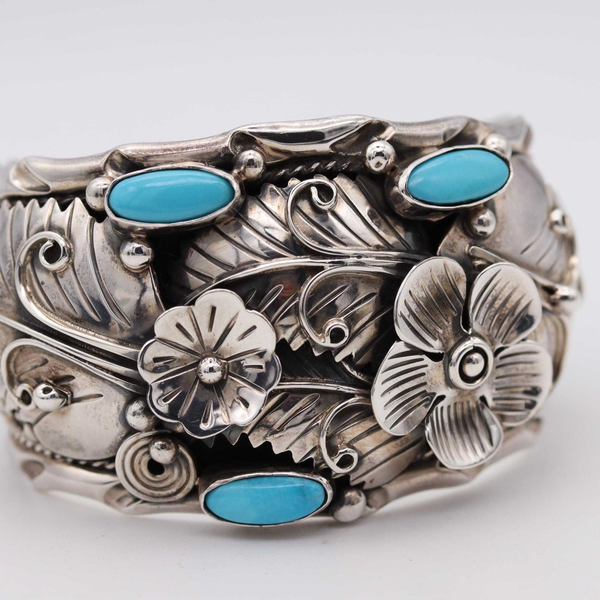 Native American Mexico 1950 Taxco Statement Cuff Bracelet In 925 Sterling Silver With Turquoises For Sale