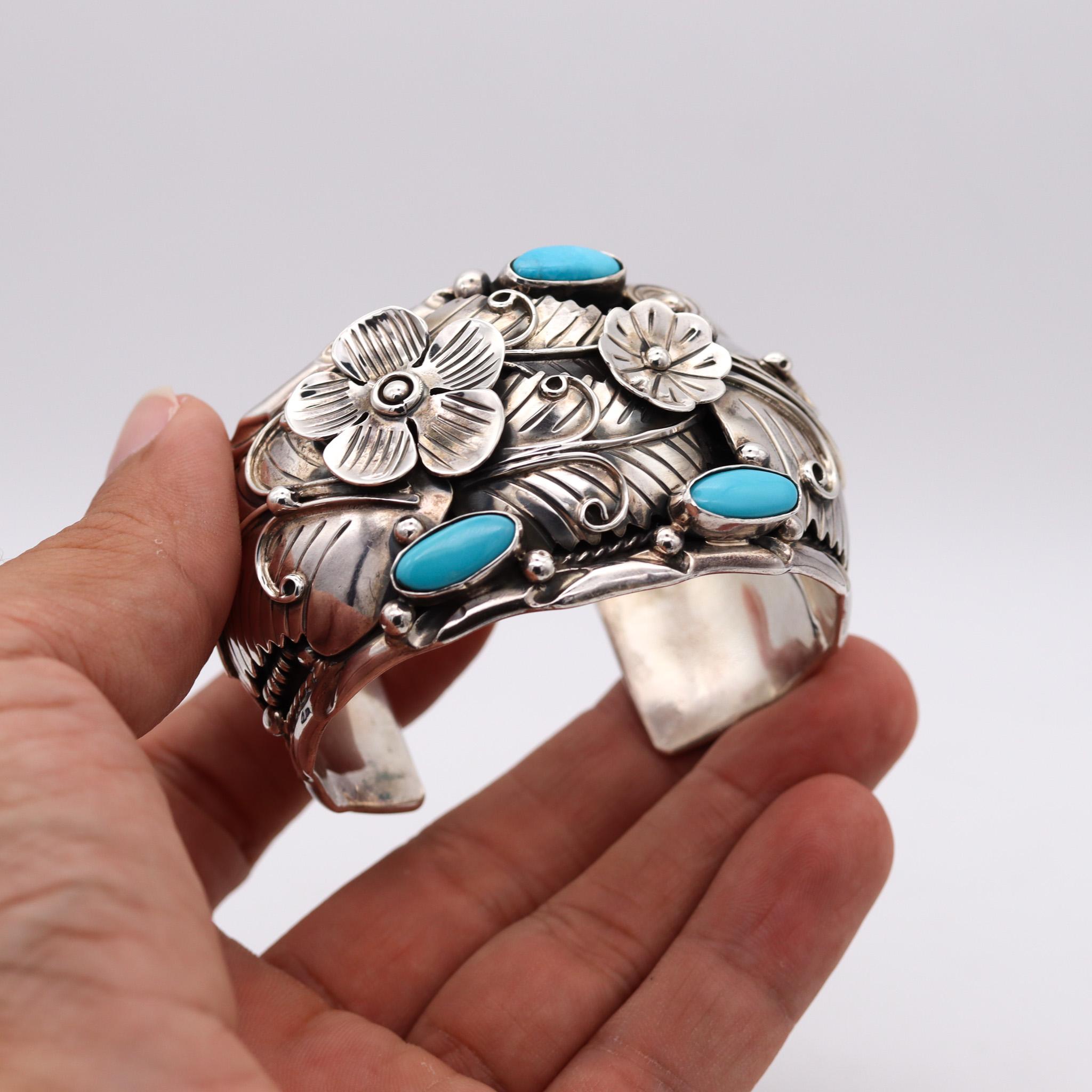 Mexico 1950 Taxco Statement Cuff Bracelet In 925 Sterling Silver With Turquoises For Sale 1