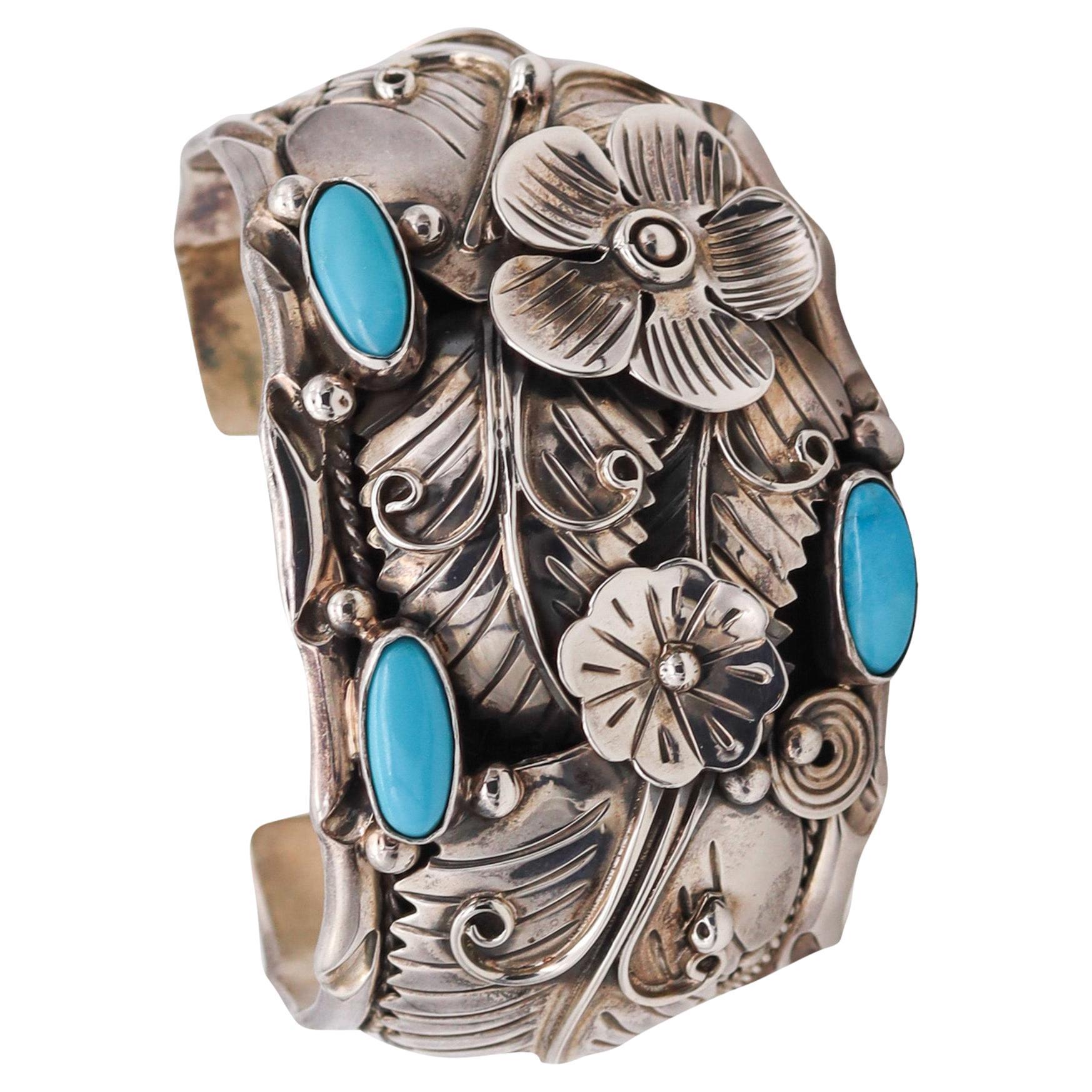 Mexico 1950 Taxco Statement Cuff Bracelet In 925 Sterling Silver With Turquoises For Sale