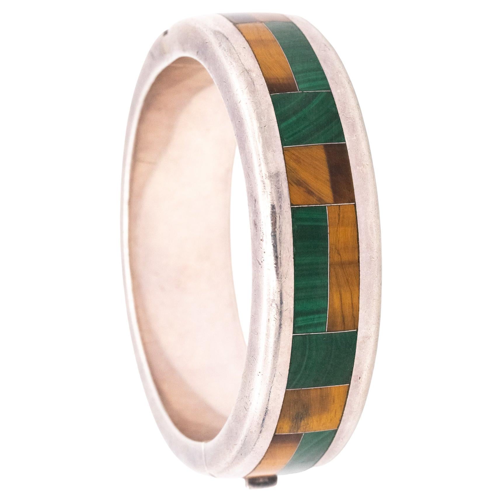 Mexico 1960 Midcentury Bracelet in .950 Sterling Silver with Inlaid Gemstones For Sale