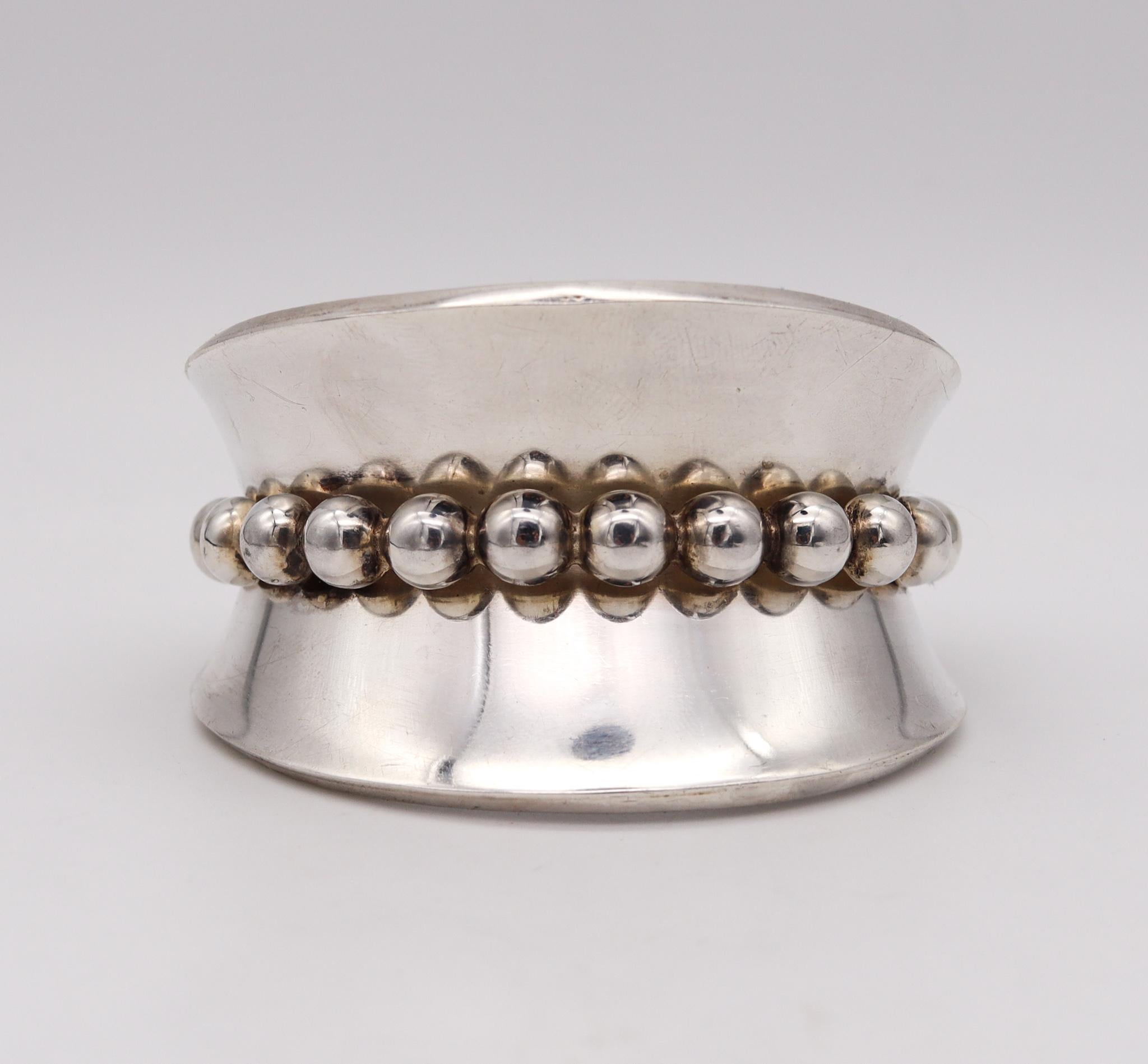 Modernist Mexico 1960 Taxco Geometric Statement Cuff Bracelet In Solid 925 Sterling Silver For Sale