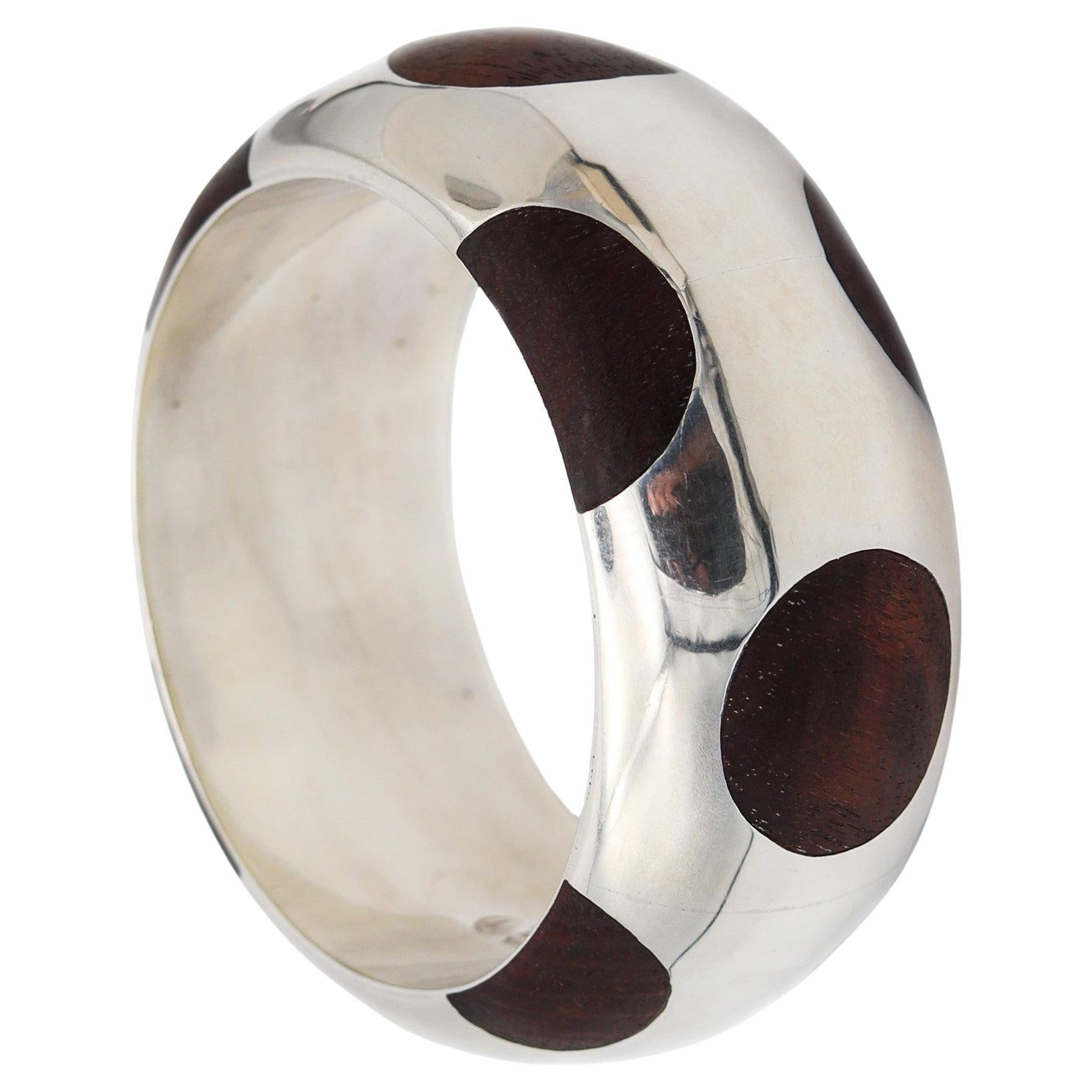 MEXICO 1970 Taxco Modernist Bangle In .925 Sterling Silver With Carved Woods