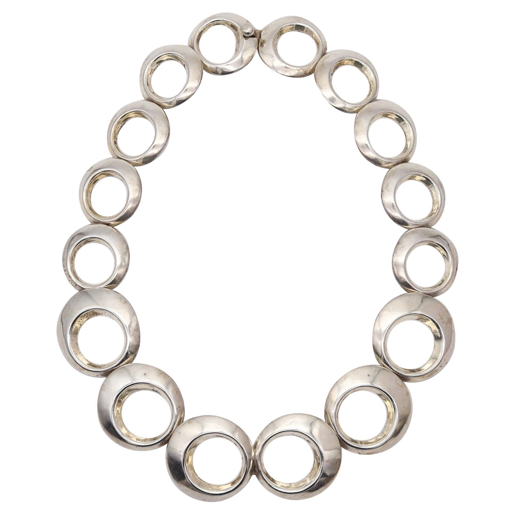 MEXICO 1970 Taxco Modernist Geometric Circles Necklace In Solid .925 Sterling