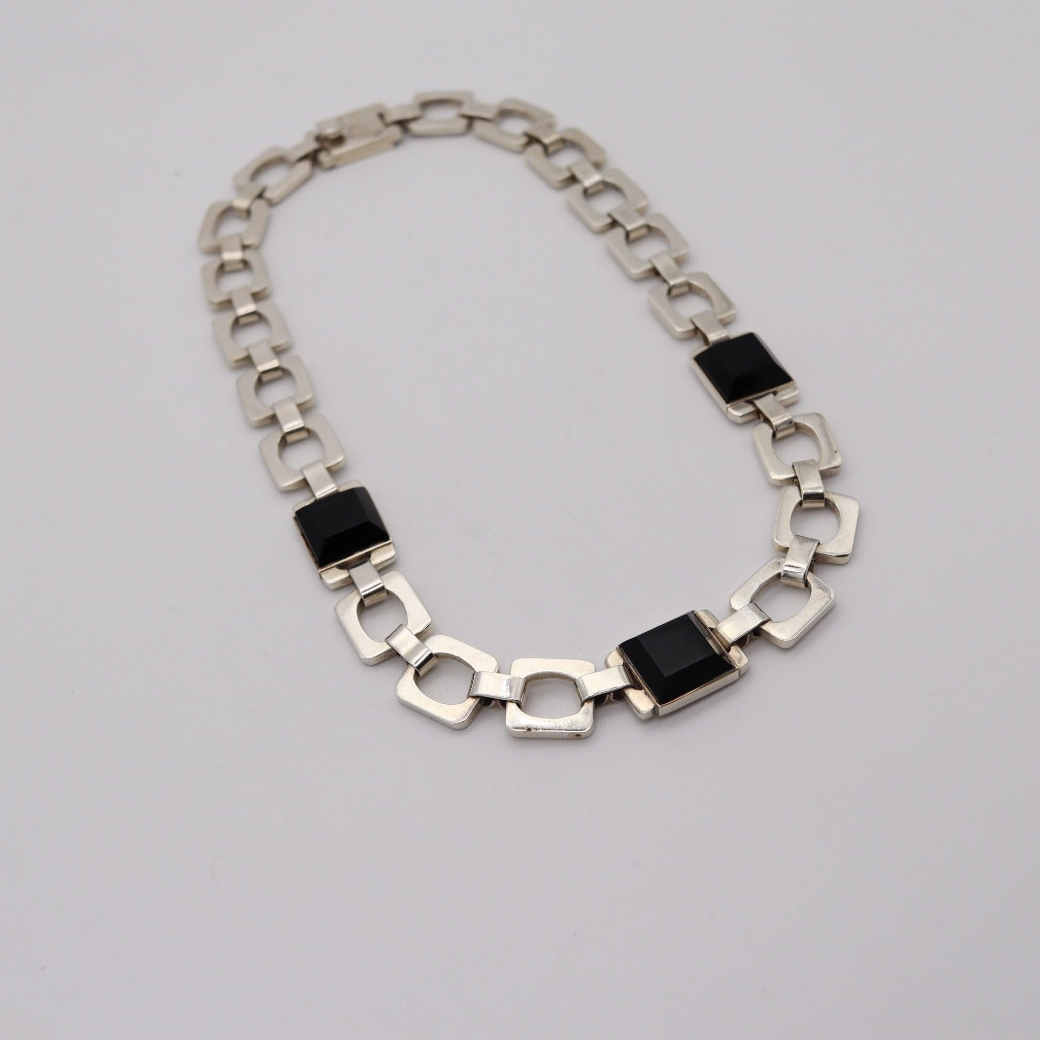 MEXICO 1970 Taxco Modernist Geometric Necklace In .925 Sterling Silver & Onyx (Modernistisch) im Angebot