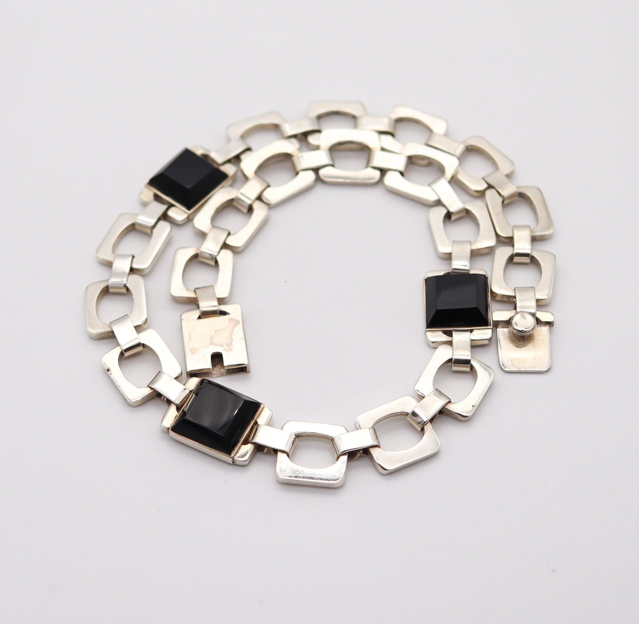 MEXICO 1970 Taxco Modernist Geometric Necklace In .925 Sterling Silver & Onyx im Angebot 2