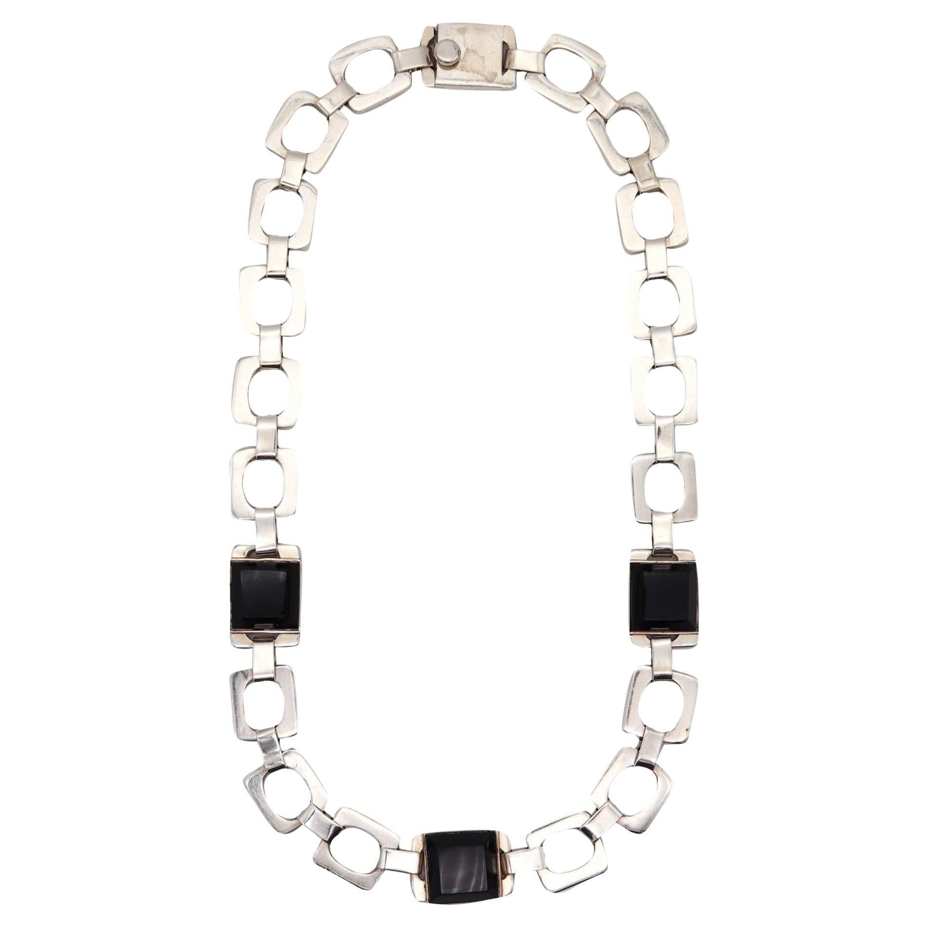 MEXICO 1970 Taxco Modernist Geometric Necklace In .925 Sterling Silver & Onyx