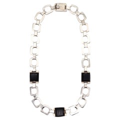 MEXICO 1970 Taxco Modernist Geometric Necklace In .925 Sterling Silver & Onyx