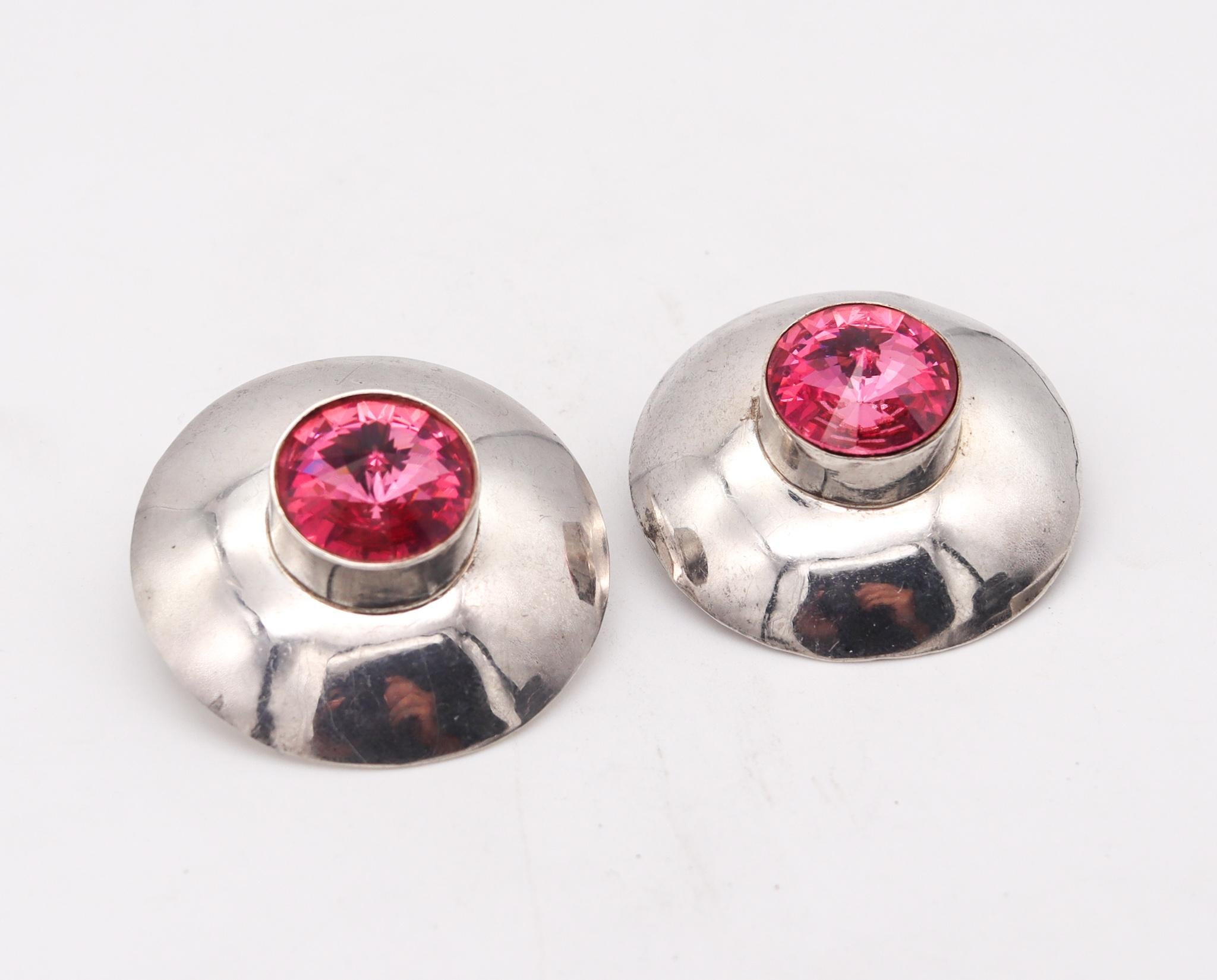 Brilliant Cut Mexico 1970 Taxco Retro Modernist Earrings In Sterling Silver With Pink Faceted  For Sale