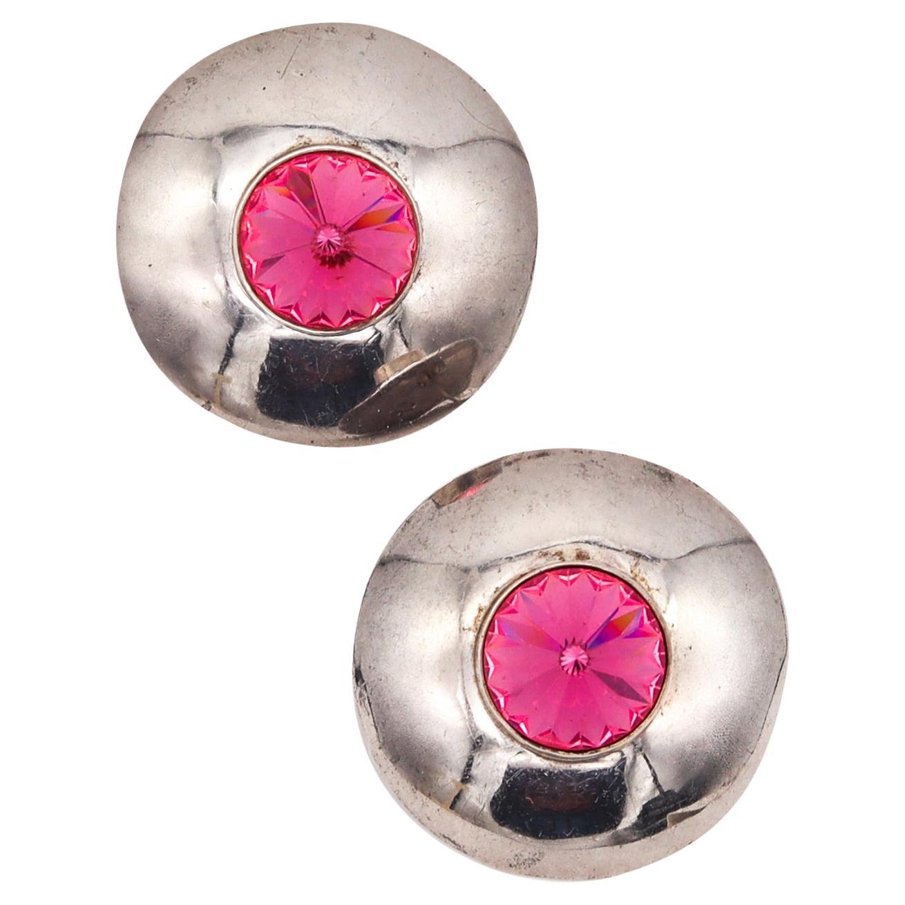 Mexico 1970 Taxco Retro Modernist Earrings In Sterling Silver With Pink Faceted  For Sale