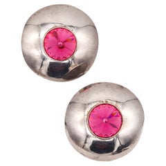Mexico 1970 Taxco Retro Modernist Earrings In Sterling Silver With Pink Faceted 