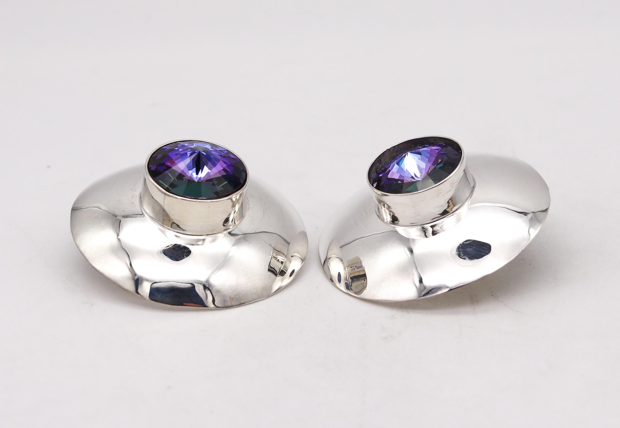 Brilliant Cut Mexico 1970 Taxco Retro Modernist Earrings In Sterling Silver With Purple Glass For Sale