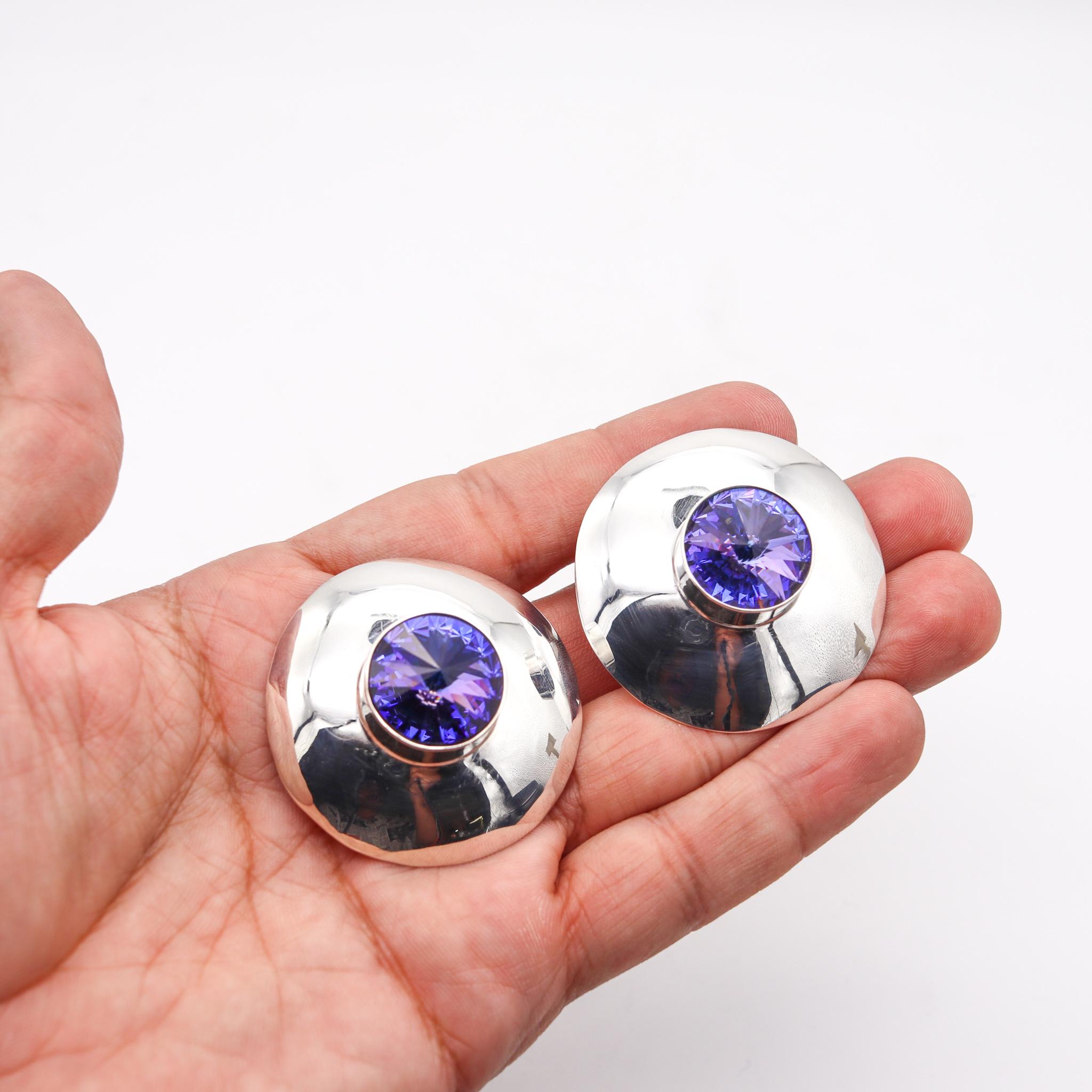 Women's Mexico 1970 Taxco Retro Modernist Earrings In Sterling Silver With Purple Glass For Sale