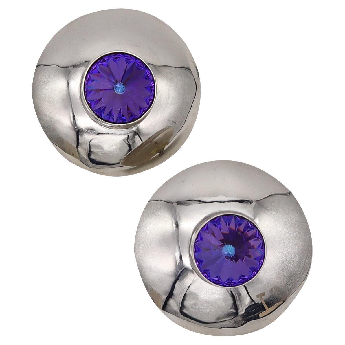 Mexico 1970 Taxco Retro Modernist Earrings In Sterling Silver With Purple Glass For Sale