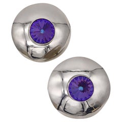 Mexico 1970 Taxco Vintage Modernist Earrings In Sterling Silver With Purple Glass
