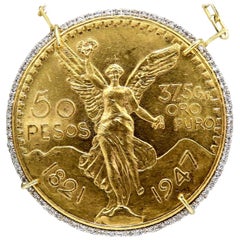 Vintage Mexico 50 Pesos Oro Puro Diamonds Coin Necklace 14 Karat