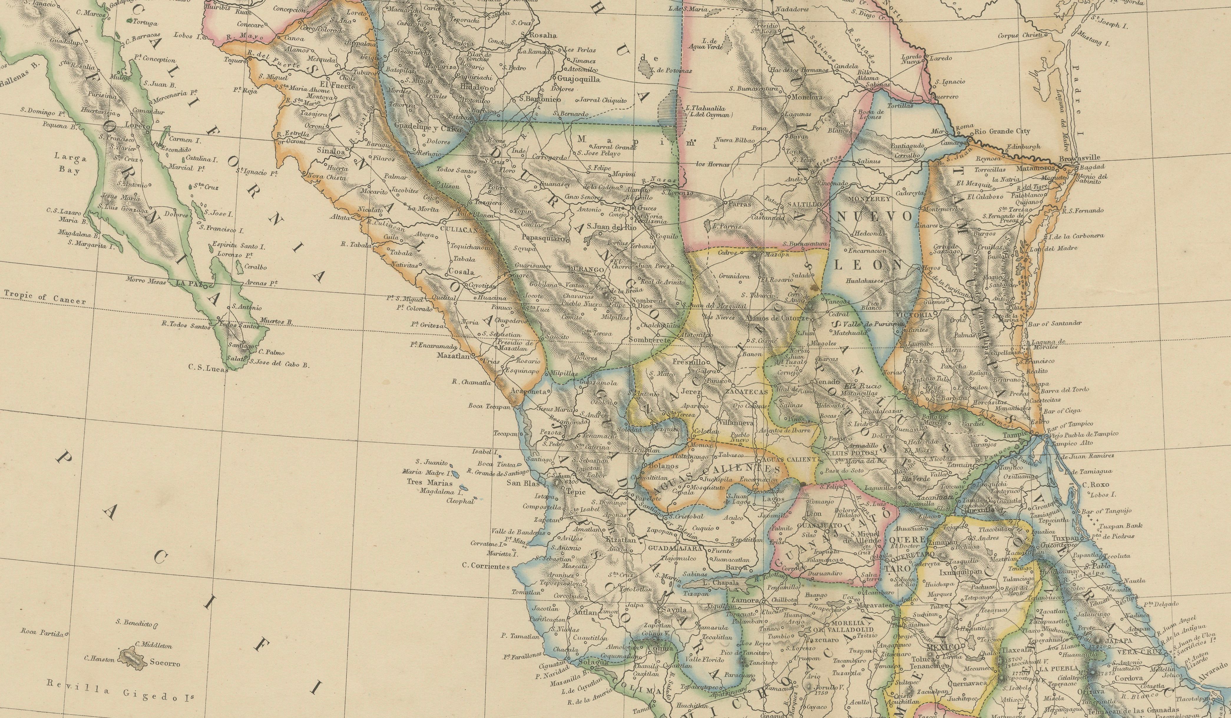 Mexico, Antique Map, Central America and Gulf of Mexico, Blackie Atlas 1860