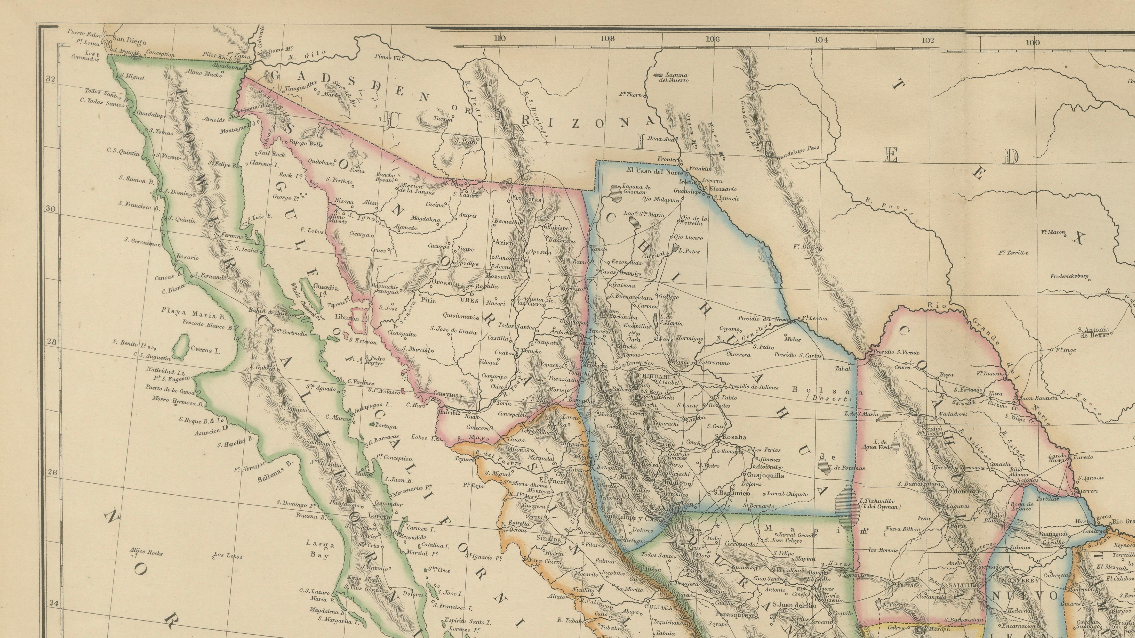 Mexico, Antique Map, Central America and Gulf of Mexico, Blackie Atlas 1860