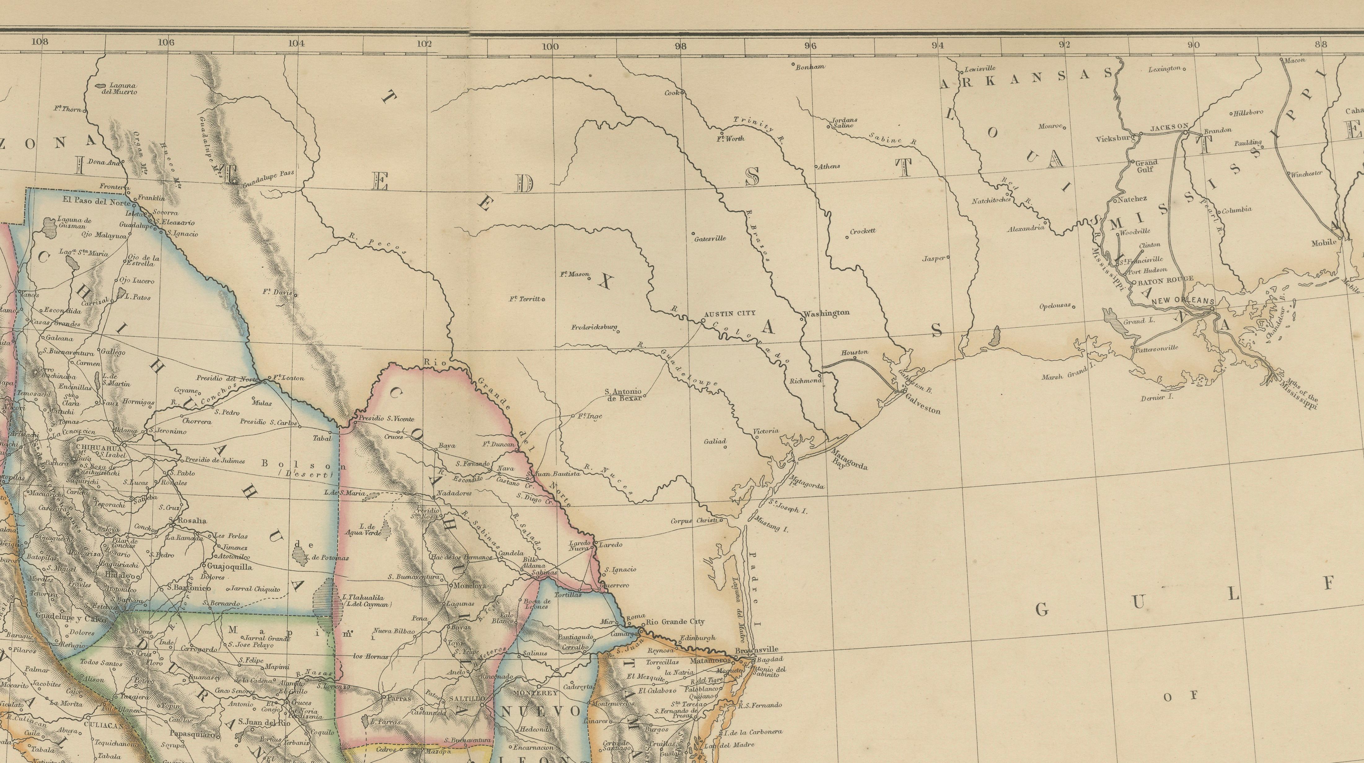 Mexico, Antique Map, Central America and Gulf of Mexico, Blackie Atlas 1860