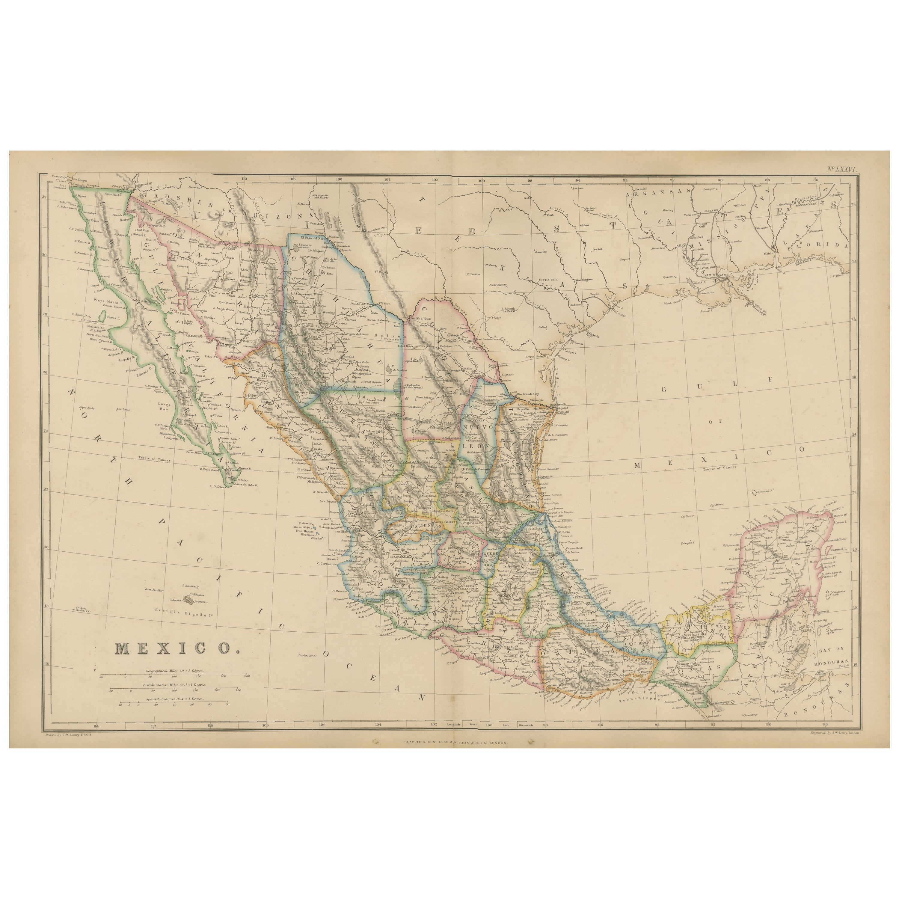 Mexique, carte ancienne, Amérique centrale et golfe du Mexique, Blackie Atlas 1860