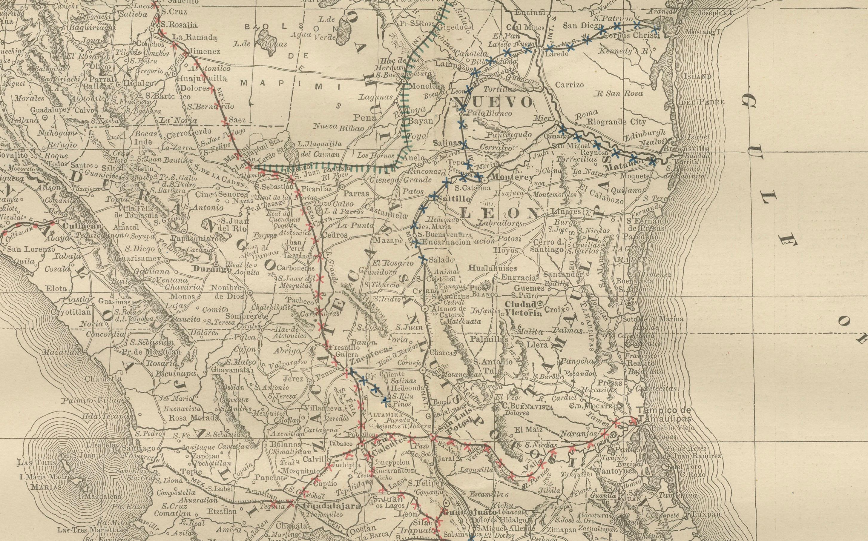 Mexico Antique Railroad Map c.1888 – Cities, States & Land of the Aztecs For Sale 5