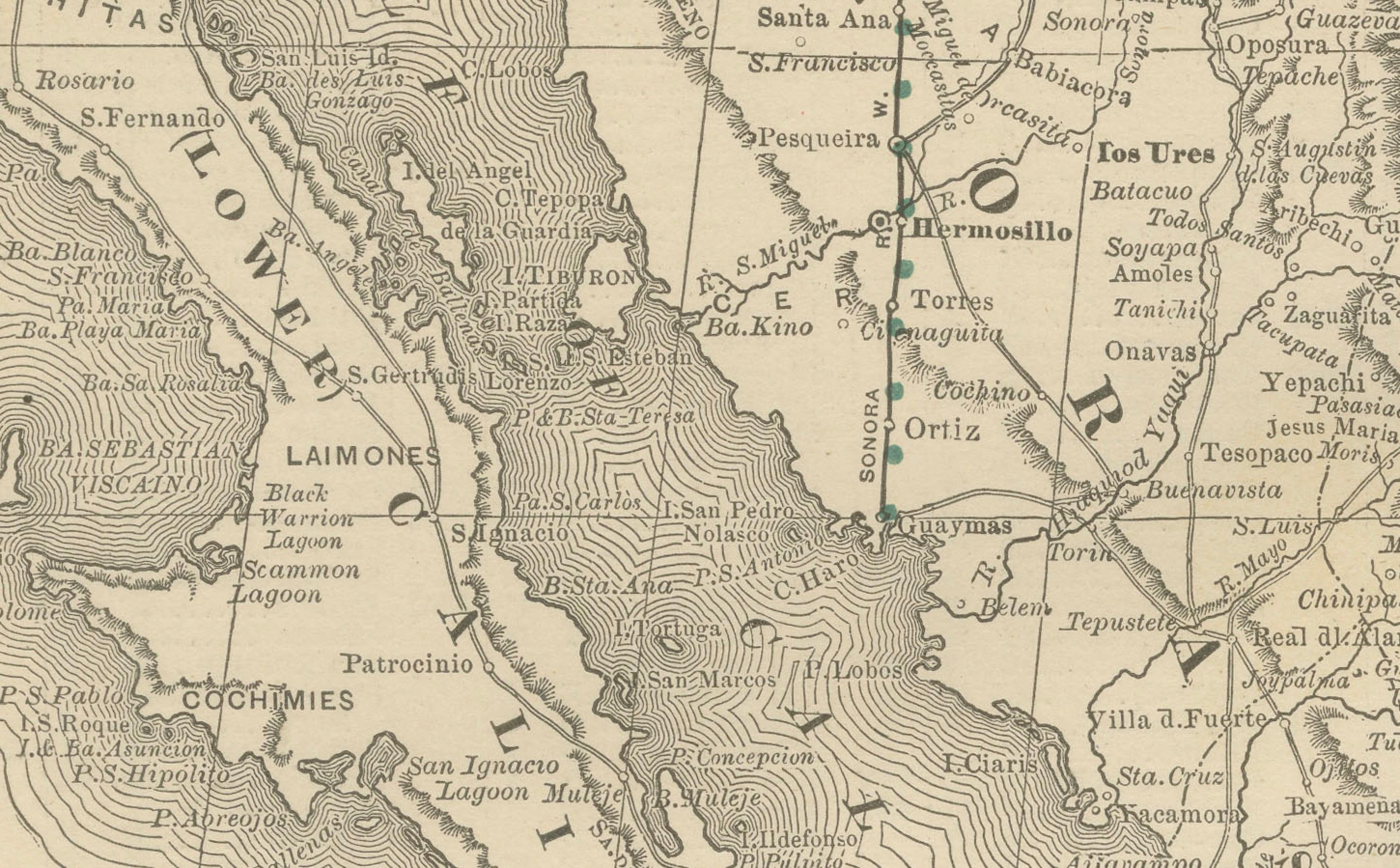 American Mexico Antique Railroad Map c.1888 – Cities, States & Land of the Aztecs For Sale