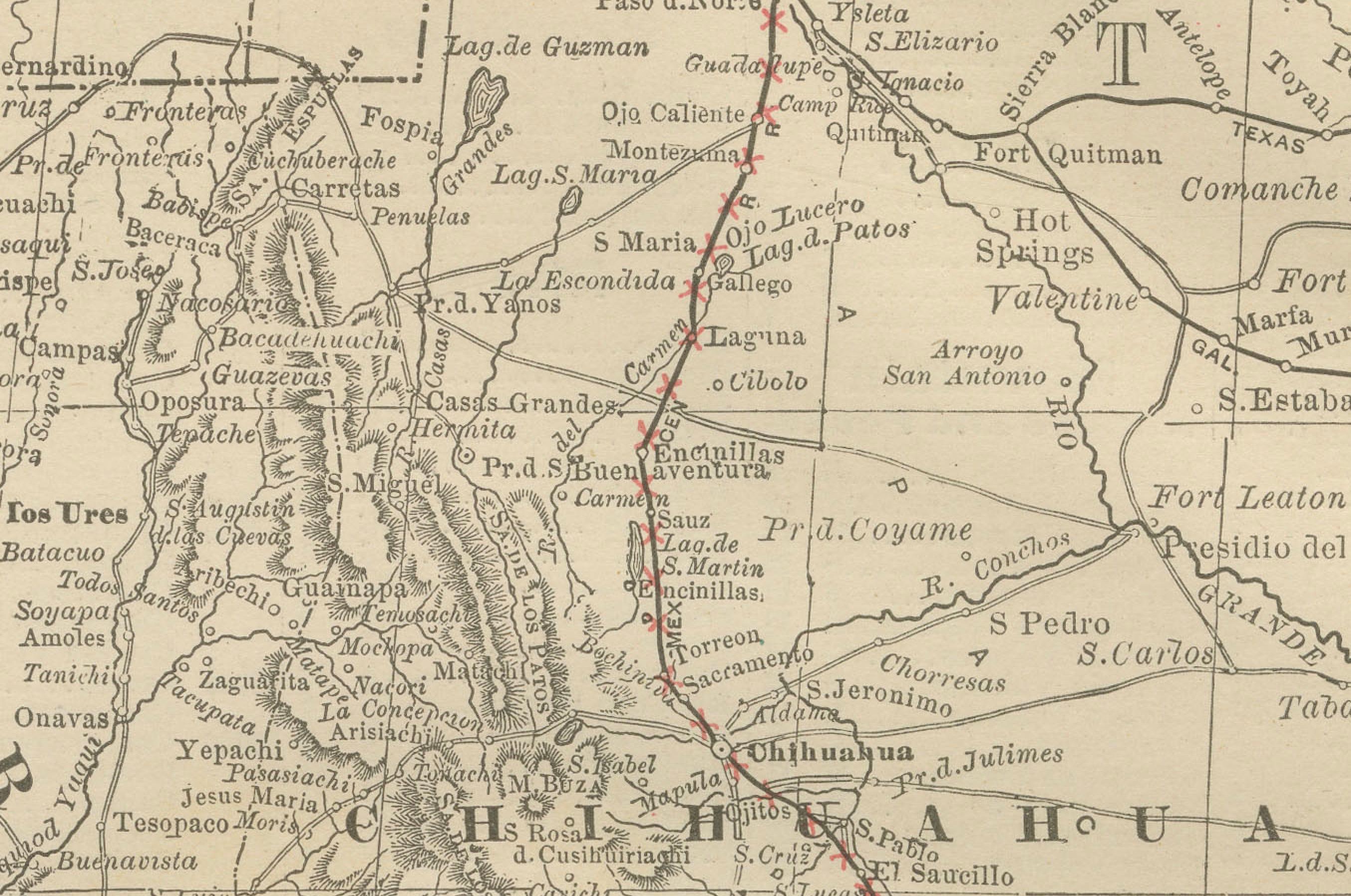 Mexico Antique Railroad Map c.1888 – Cities, States & Land of the Aztecs In Good Condition For Sale In Langweer, NL