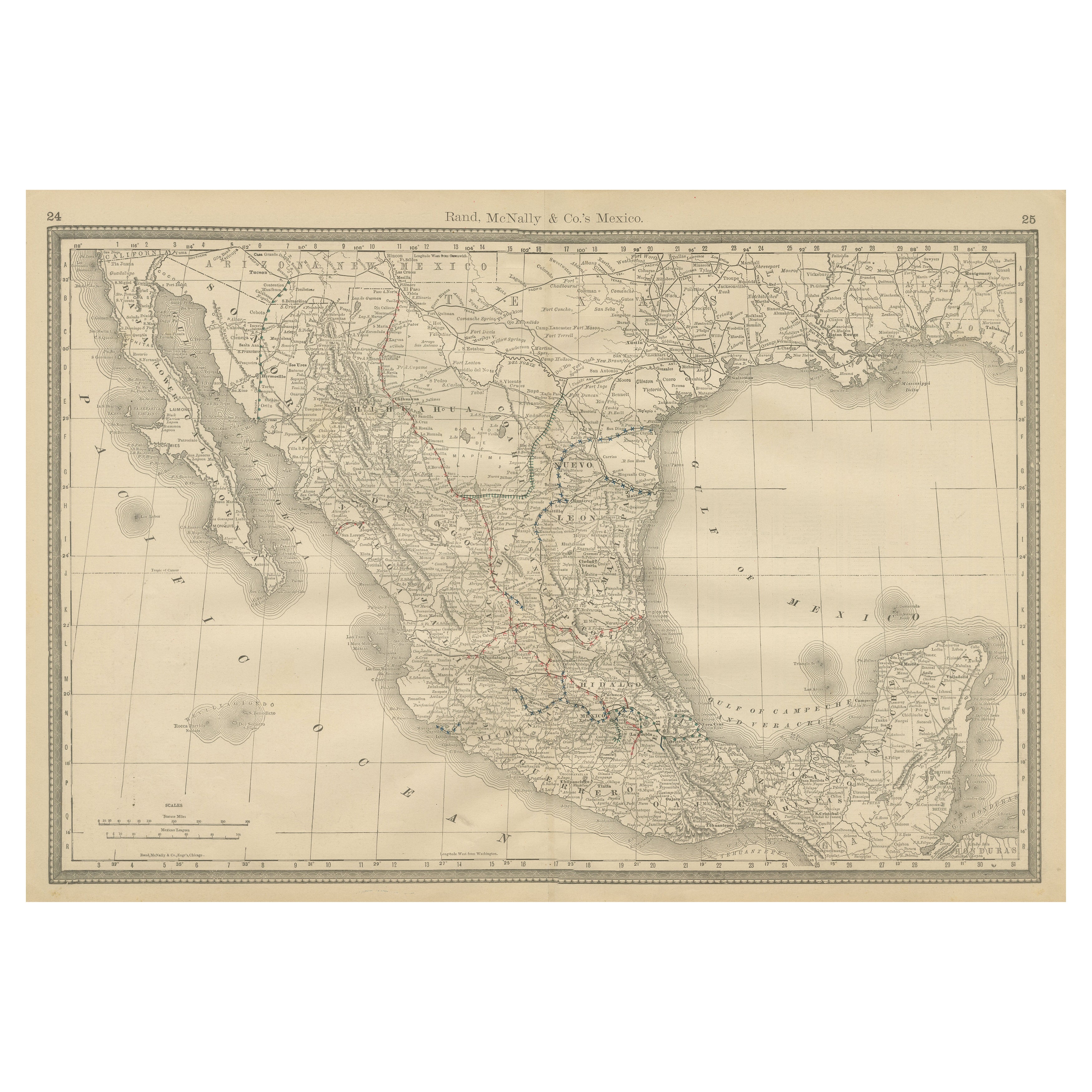 Mexico Antique Railroad Map c.1888 – Cities, States & Land of the Aztecs For Sale