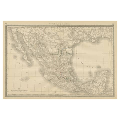Mexico Antique Railroad Map c.1888 – Cities, States & Land of the Aztecs