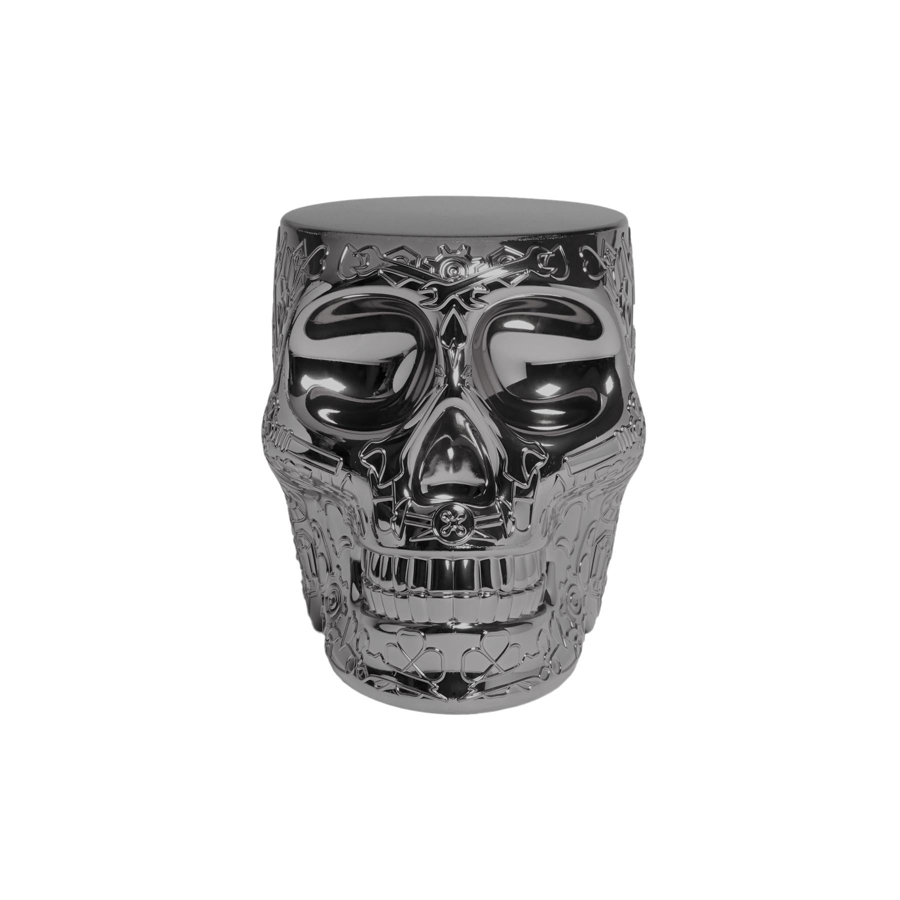 Modern Mexico, Black Titanium Metallic Skull Stool / Side Table by Studio Job For Sale