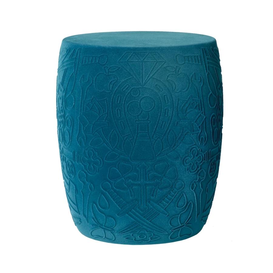 Modern Mexico Blue Velvet Skull Stool / Side Table, Studio Job For Sale