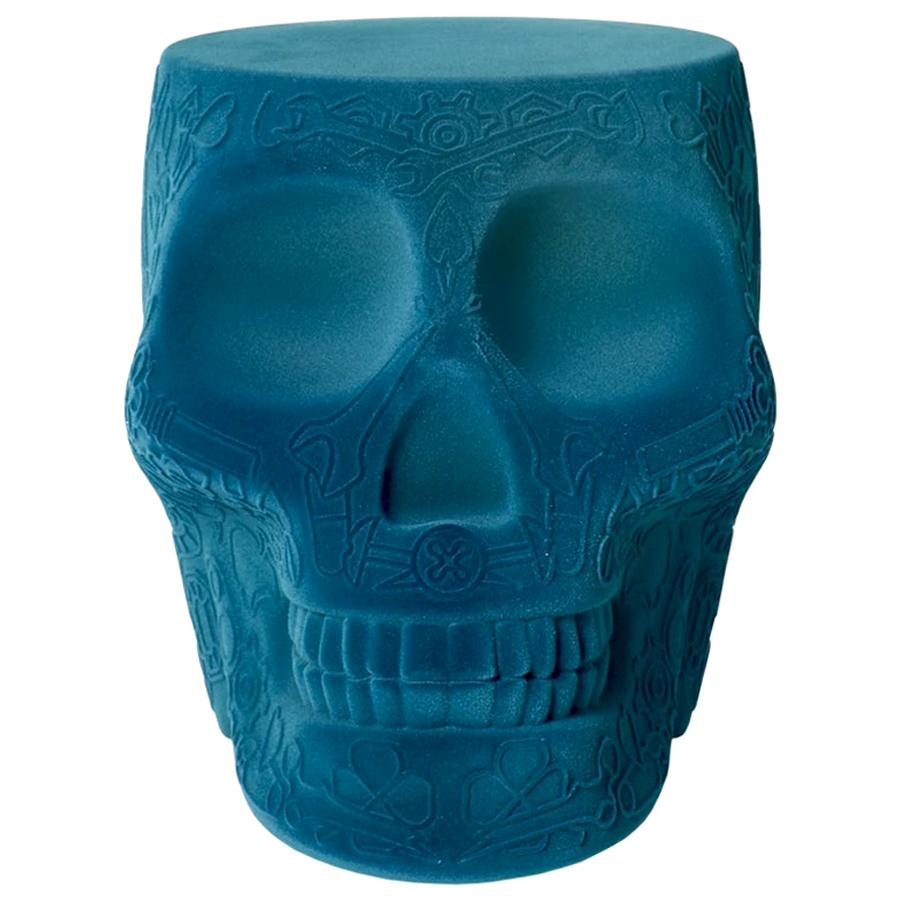 Mexico Blue Velvet Skull Stool / Side Table, Studio Job For Sale