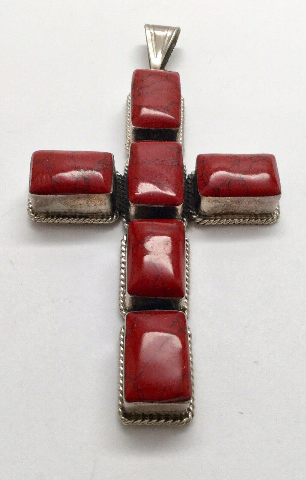 Mexico large sterling silver red jasper cross pendant by Esperanza.

Marked on bale: Esperanza, 925, Mexico

Measures: 4