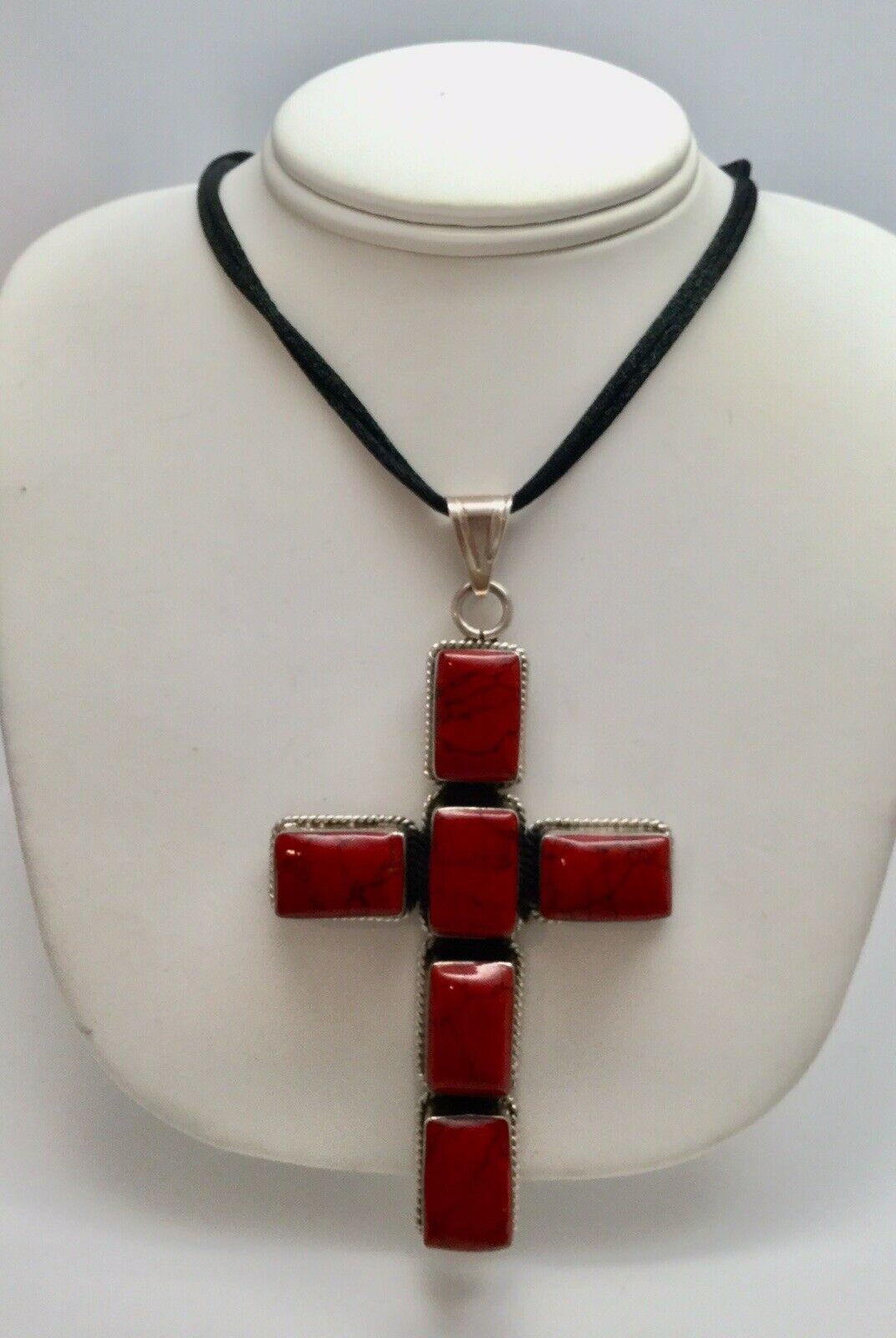 Mexico Esperanza Large Sterling Silver Red Jasper Cross Pendant 1