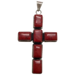 Vintage Mexico Esperanza Large Sterling Silver Red Jasper Cross Pendant