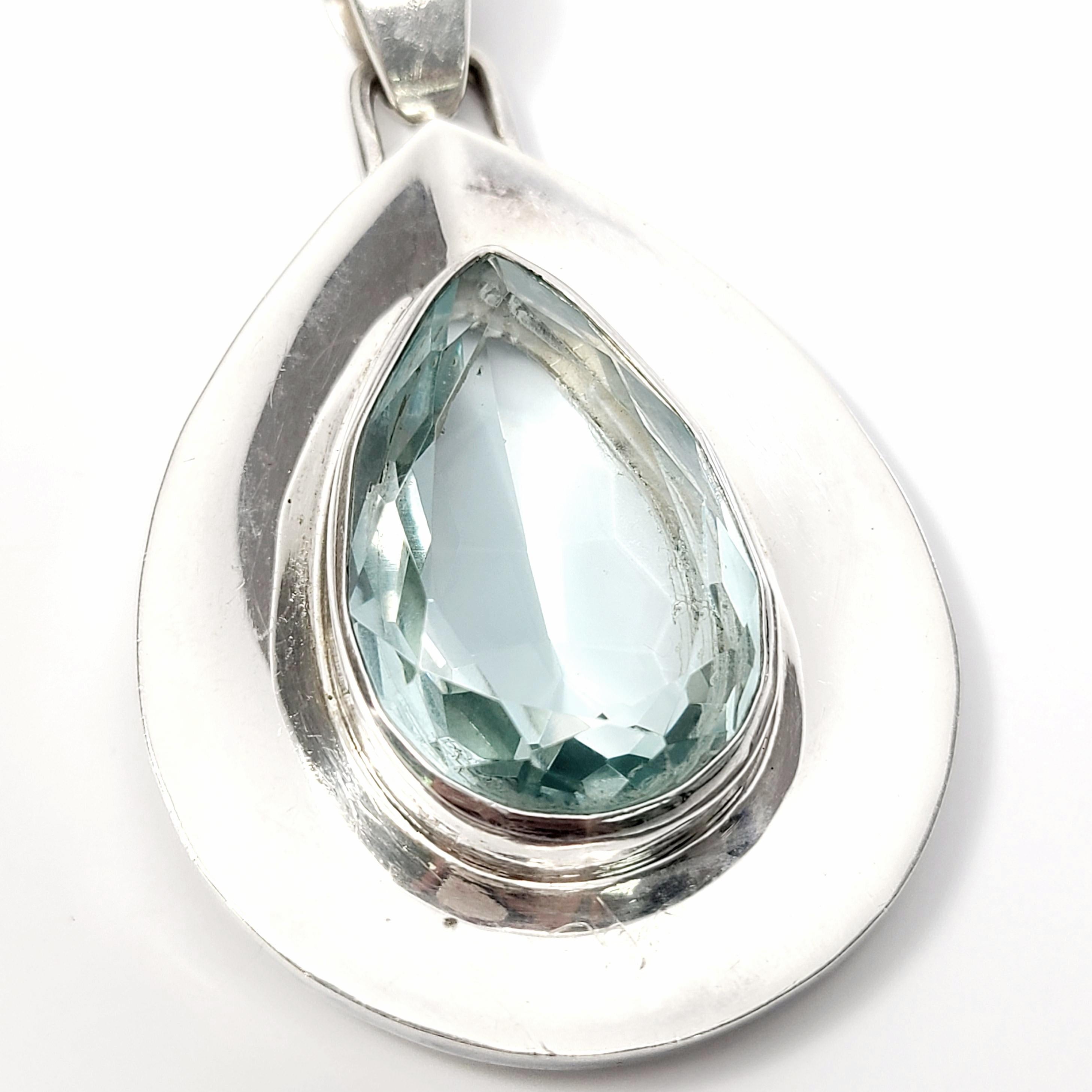 Cabochon Mexico Large Sterling Silver Teardrop Blue Glass Pendant For Sale