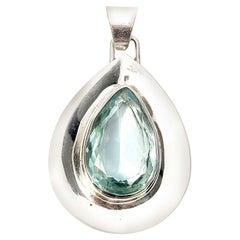 Mexico Large Sterling Silver Teardrop Aquamarine Glass Pendant