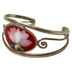 Mexico Lotus Flower Enamel & Abalone Inlay Sterling Silver Cuff Bracelet