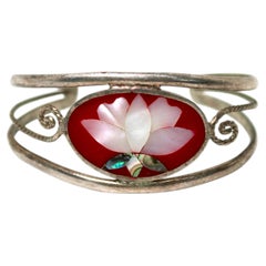 Mexico Lotus Flower Enamel & Abalone Inlay Sterling Silver Cuff Bracelet