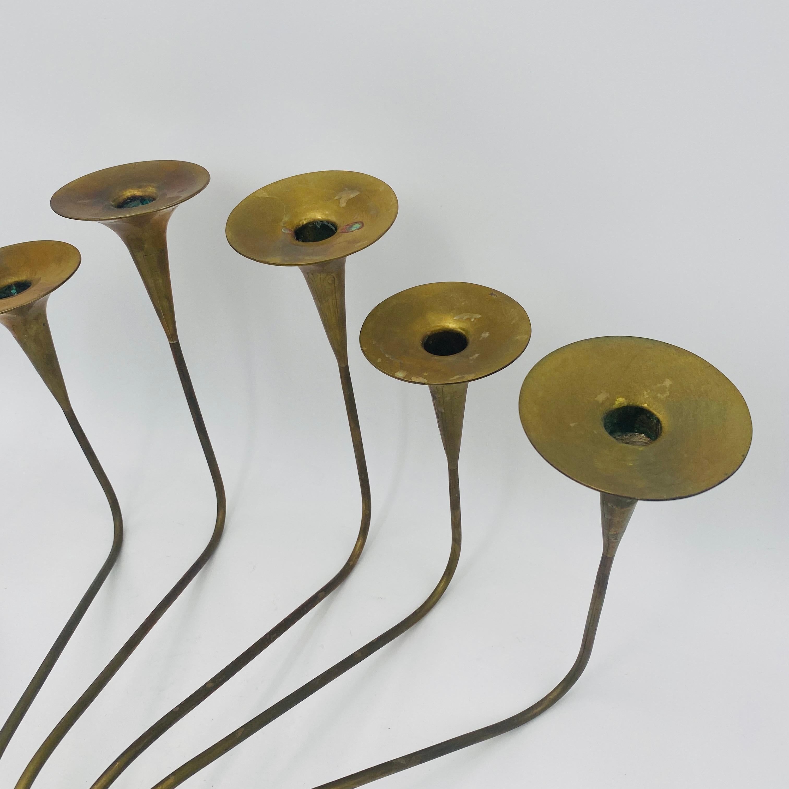 Hand-Crafted Mexico Modernist Sculptural Brass Candleholders For Sale