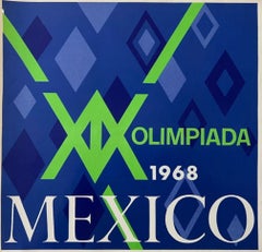 Poster senza cornice dei Giochi Olimpici del Messico, blu e verde, di Lance Wyman, 1968