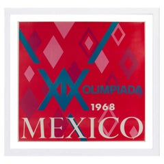 Cartel de los Juegos Olímpicos de México con marco blanco en tonos rojos y rosas, diseñado por Lance Wyman, 1968