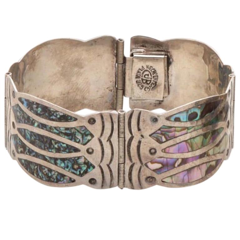 Mexico Santoyo Sterling Silver Abalone Bracelet -Unique Fish Design-circa 1940 For Sale