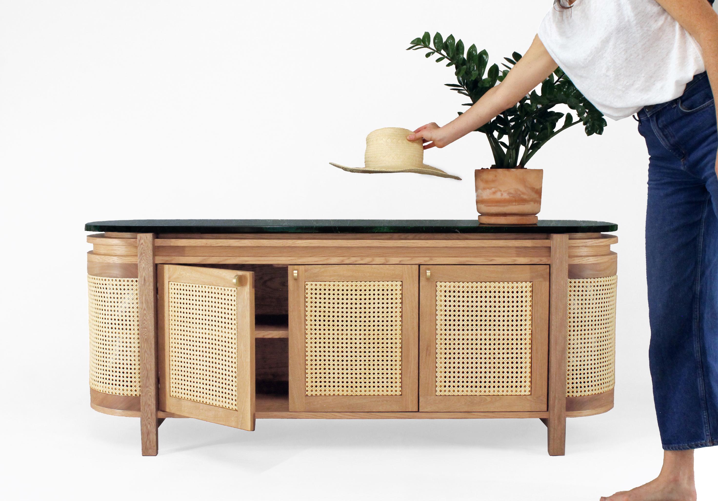 Brushed Av. Mexico Sideboard, Wicker and Oak with Marble, Mexican Design 160 cm For Sale