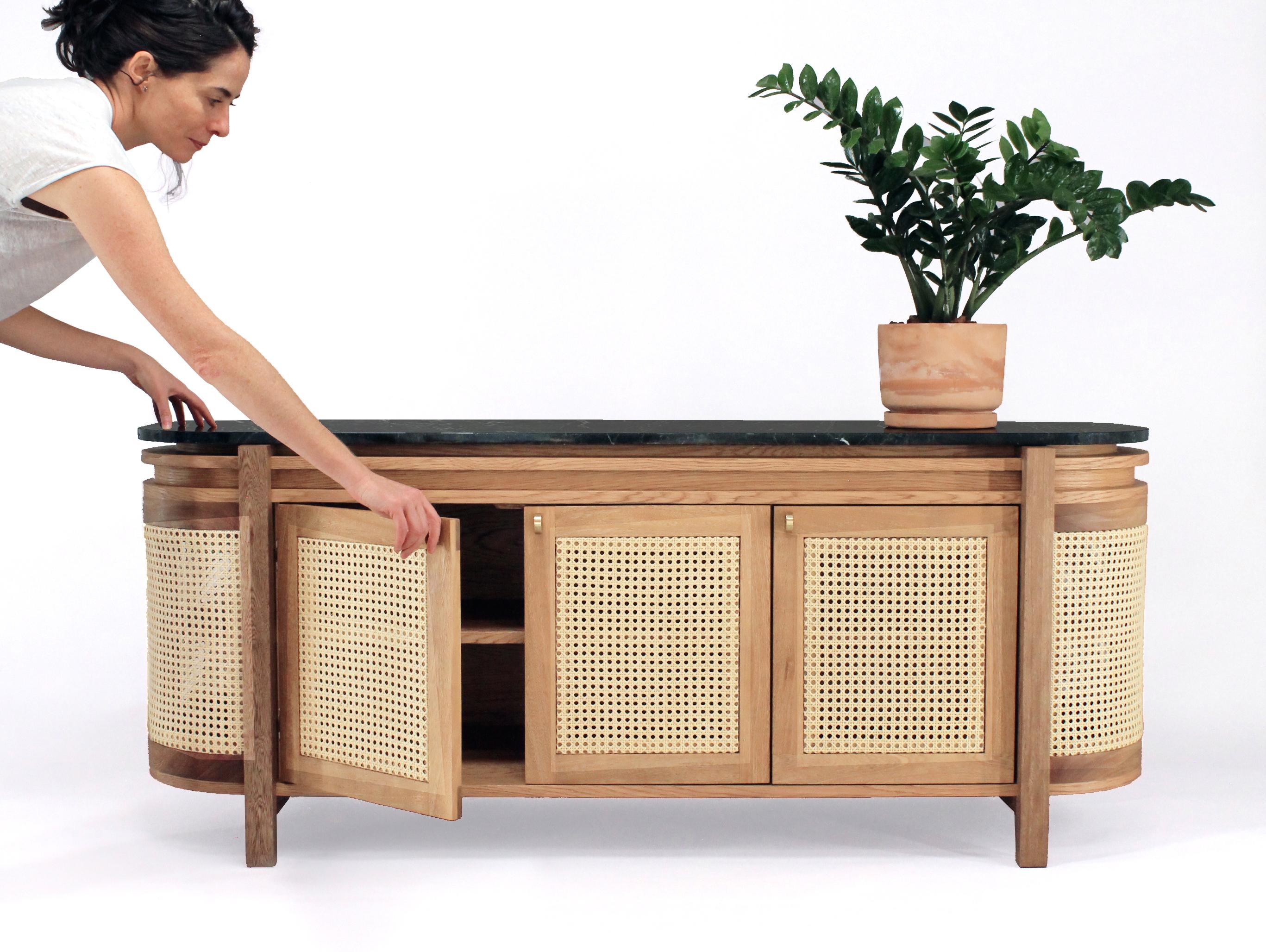 Modern Av. Mexico Sideboard, Wicker and Oak with Marble, Mexican Design 160 cm