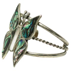 Mexico Sterling Silver Abalone Butterfly Vintage Cuff Bracelet