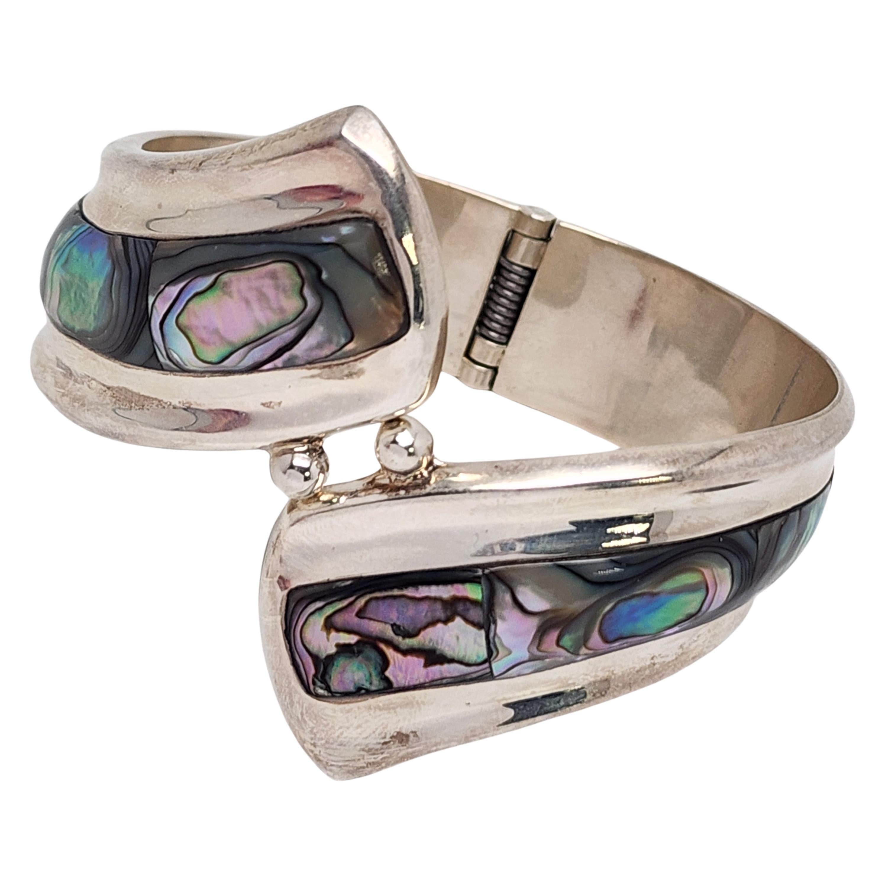 Mexico Sterling Silver Abalone Shell Bypass Hinged Bracelet #16440 For Sale 2